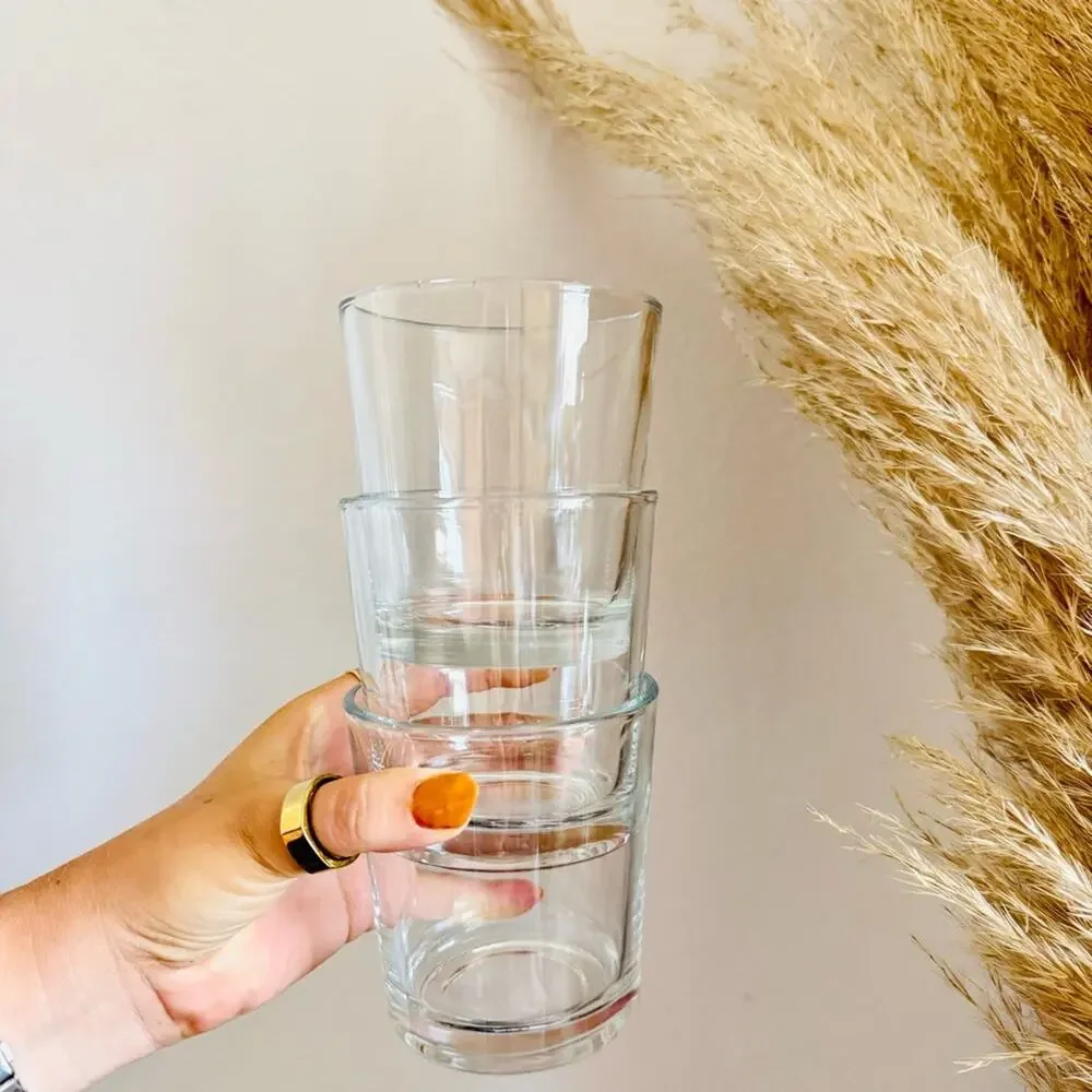 POTTERY BARN Clear Modern Stemless Lowball Juice Glass Drink Wear Glasses Set 3